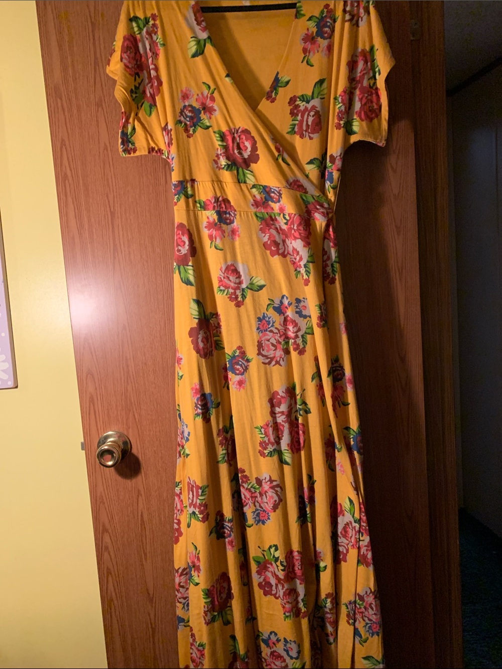Matilda Jane Yellow Floral Wrap Maxi Dress with Pink & Green Blooms Size Small